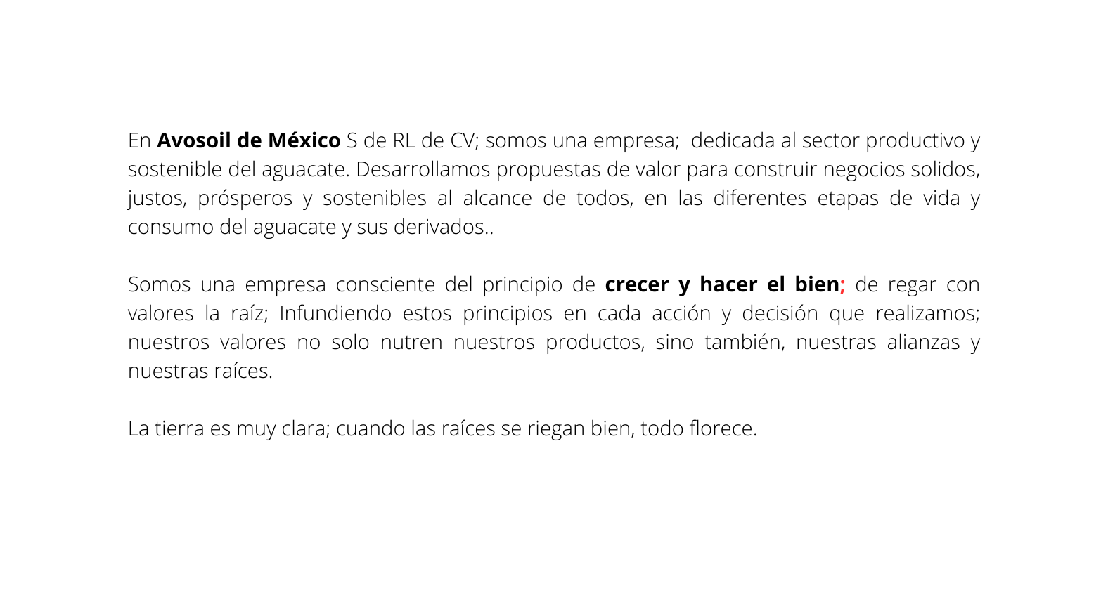 En Avosoil de México S de RL de CV somos una empresa dedicada al sector productivo y sostenible del aguacate Desarrollamos propuestas de valor para construir negocios solidos justos prósperos y sostenibles al alcance de todos en las diferentes etapas de vida y consumo del aguacate y sus derivados Somos una empresa consciente del principio de crecer y hacer el bien de regar con valores la raíz Infundiendo estos principios en cada acción y decisión que realizamos nuestros valores no solo nutren nuestros productos sino también nuestras alianzas y nuestras raíces La tierra es muy clara cuando las raíces se riegan bien todo florece